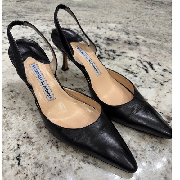 Manolo Blahnik Black Leather Slingback Kitten Heel Pumps Size 37 US 6.5–7 Italy - Picture 6 of 14
